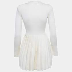 Pre Owned Self-Portrait Cream Embellished Bow Pleated Knit Mini Dress S