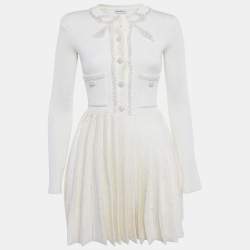 Pre Owned Self-Portrait Cream Embellished Bow Pleated Knit Mini Dress S