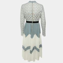 Pre Owned Self-Portrait Blue /White Crochet & Crepe Pleated Midi Dress M 