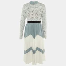 Pre Owned Self-Portrait Blue /White Crochet & Crepe Pleated Midi Dress M 