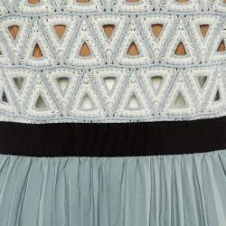 Pre Owned Self-Portrait Blue /White Crochet & Crepe Pleated Midi Dress M 