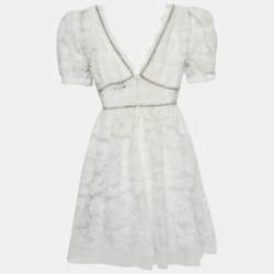 Pre Owned Self-Portrait White Crystal Embellished Ribbon Lace Mini Dress XS