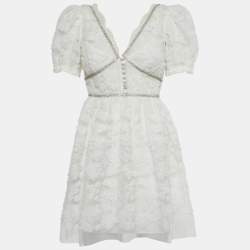 Pre Owned Self-Portrait White Crystal Embellished Ribbon Lace Mini Dress XS