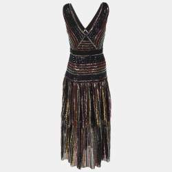 Pre Owned Self-Portrait Black Striped Sequin Tulle Tiered Midi Dress M