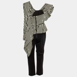 Pre Owned Self-Portrait Black/White Crepe Asymmetrical Striped Ruffle Jumpsuit M