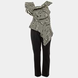 Pre Owned Self-Portrait Black/White Crepe Asymmetrical Striped Ruffle Jumpsuit M