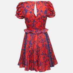 Pre Owned Self-Portrait Red /Blue Printed Satin Lace Detail Mini Dress S  