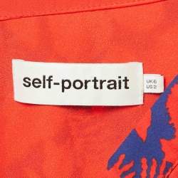 Pre Owned Self-Portrait Red /Blue Printed Satin Lace Detail Mini Dress S  