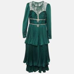 Pre Owned Self-Portrait Green Satin Crystal Embellished Tiered Maxi Dress L