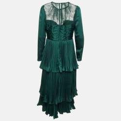 Pre Owned Self-Portrait Green Satin Crystal Embellished Tiered Maxi Dress L
