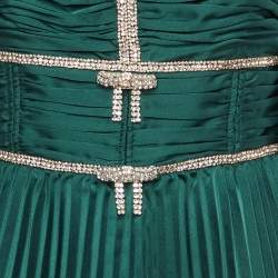 Pre Owned Self-Portrait Green Satin Crystal Embellished Tiered Maxi Dress L