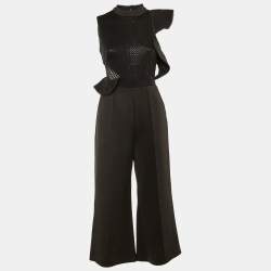 Pre Owned Self-Portrait Black Bead Embellished Jersey Ruffled Jumpsuit M