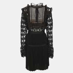 Pre Owned Self-Portrait Black Guipure Lace & Organza Trim Pleated Adeline Dress L