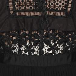 Pre Owned Self-Portrait Black Guipure Lace & Organza Trim Pleated Adeline Dress L