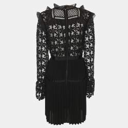 Pre Owned Self-Portrait Black Guipure Lace & Organza Trim Pleated Adeline Dress L