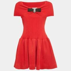Pre Owned Self-Portrait Red Knit Off-Shoulder Bow Mini Dress XS