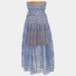 Pre Owned Self-Portrait Blue Embroidered Sequin Strapless Midi Dress S