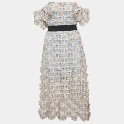 Pre Owned Self-Portrait Blue/Pink Floral Guipure Lace Off-Shoulder Midi Dress S