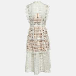 Pre Owned Self-Portrait White Floral Lattice Lace Sleeveless Midi Dress M