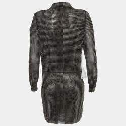 Pre Owned Self-Portrait Black Mesh Rhinestone Mini Shirt Dress M