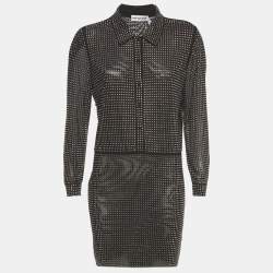 Pre Owned Self-Portrait Black Mesh Rhinestone Mini Shirt Dress M