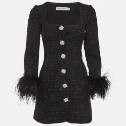 Pre Owned Self-Portrait Black Tweed Feather Trim Boucle Mini Dress XS