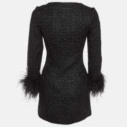 Pre Owned Self-Portrait Black Tweed Feather Trim Boucle Mini Dress XS
