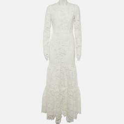 Pre Owned Self-Portrait White Leaf Guipure Maxi Dress M