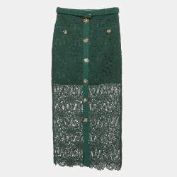 Pre Owned Self-Portrait Green Guipure Lace Belted Midi Skirt S