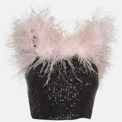 Pre Owned Self-Portrait Black Sequin Feather Off shoulder Crop Top S