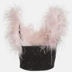 Pre Owned Self-Portrait Black Sequin Feather Off shoulder Crop Top S