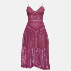 Pre Owned فستان سيلف بورتريه متوسط الطول دانتيل غيبيور وردي واسع مقاس صغير (إكس صغير)