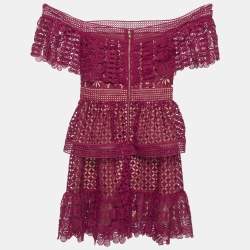 Pre Owned Self-Portrait Burgundy Guipure Lace Off Shoulder Mini Dress S