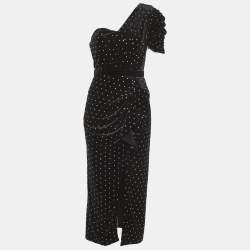 Pre Owned Self-Portrait Black Velvet One-Shoulder Diamante Midi Dress S