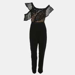 Pre Owned Self-Portrait Black Crepe and Lace Frill Asymmetric Jumpsuit L
