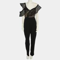 Pre Owned Self-Portrait Black Crepe and Lace Frill Asymmetric Jumpsuit L