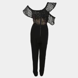 Pre Owned Self-Portrait Black Crepe and Lace Frill Asymmetric Jumpsuit L
