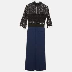 Pre Owned Self-Portrait Black/Navy Blue Lace & Crepe Jumpsuit M