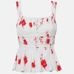 Pre Owned Self-Portrait Off-White/Red Floral Print Stretch Crepe Wild Daisy Top S 