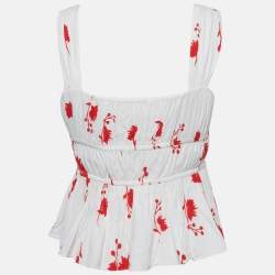 Pre Owned Self-Portrait Off-White/Red Floral Print Stretch Crepe Wild Daisy Top S