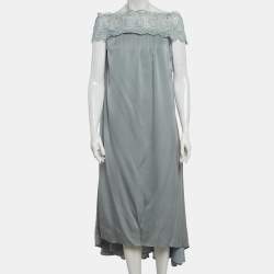 Pre Owned Self-Portrait Blue Lace Trim Crepe Off-Shoulder Long Dress S