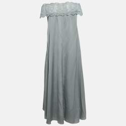 Pre Owned Self-Portrait Blue Lace Trim Crepe Off-Shoulder Long Dress S