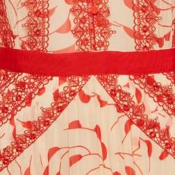 Pre Owned Self-Portrait Cream/Red Printed Chiffon Guipure Lace Trim plisse Dress M