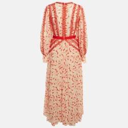 Pre Owned Self-Portrait Cream/Red Printed Chiffon Guipure Lace Trim plisse Dress M