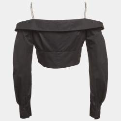 مملوكة مسبقًا Self-Portrait Black Cotton Embellished Off Shoulder Crop Top M