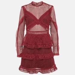 مملوكة مسبقًا Self-Portrait Burgundy Guipure Lace Tiered Mini Dress L