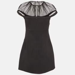 Pre Owned فستان ميني سيلف بورتريت أسود كريب وشبك مع فيونكة مقاس صغير