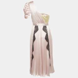 Pre Owned Self-Portrait Pastel Pink/Yellow Satin One Shoulder Mini Dress S