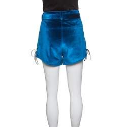 Pre Owned Self Portrait Peacock Blue Velvet Lace-up Cuff Belted High Waist Shorts S
