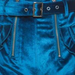 Pre Owned Self Portrait Peacock Blue Velvet Lace-up Cuff Belted High Waist Shorts S